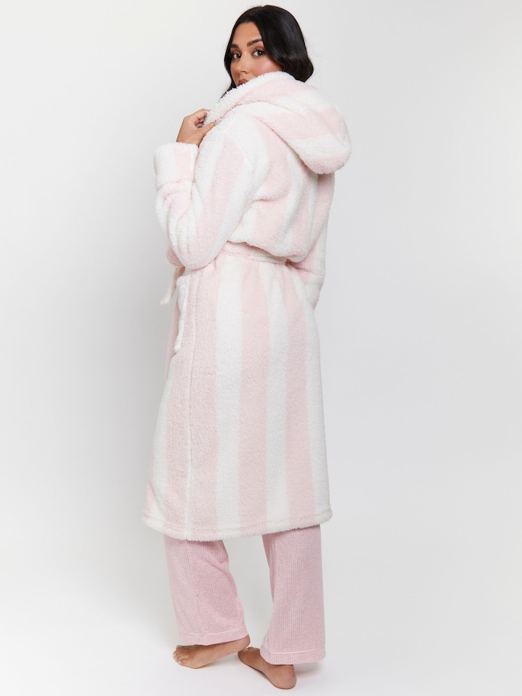 Loungeable Pink Chunky Sherpa Stripe Maxi Hooded Dressing Gown - Image 2 of 6 Loungeable Pink Chunky Sherpa Stripe Maxi Hooded Dressing Gown - Image 2 of 6