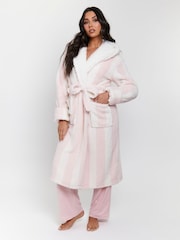 Loungeable Pink Chunky Sherpa Stripe Maxi Hooded Dressing Gown - Image 4 of 6