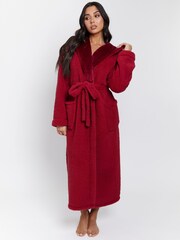 Loungeable Red Sherpa Maxi Dressing Gown with Luxury Fleece Lined Hood - Image 1 of 5