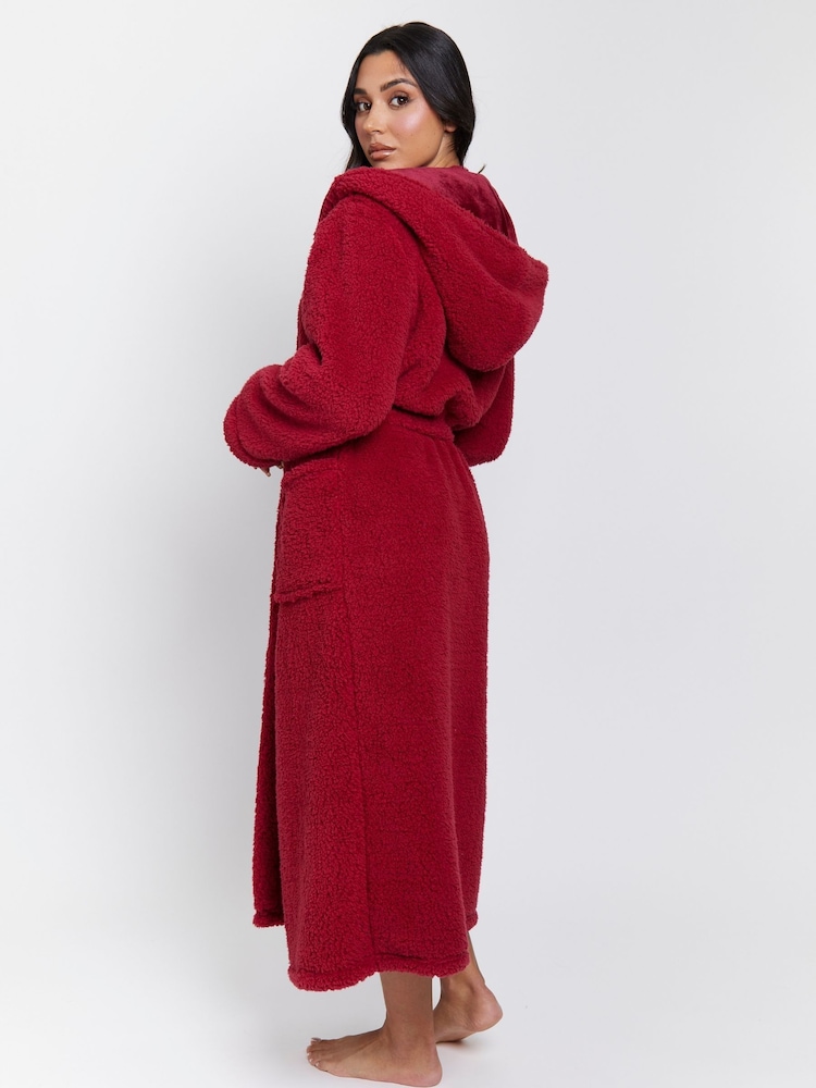 Loungeable Red Sherpa Maxi Dressing Gown with Luxury Fleece Lined Hood - Image 5 of 5