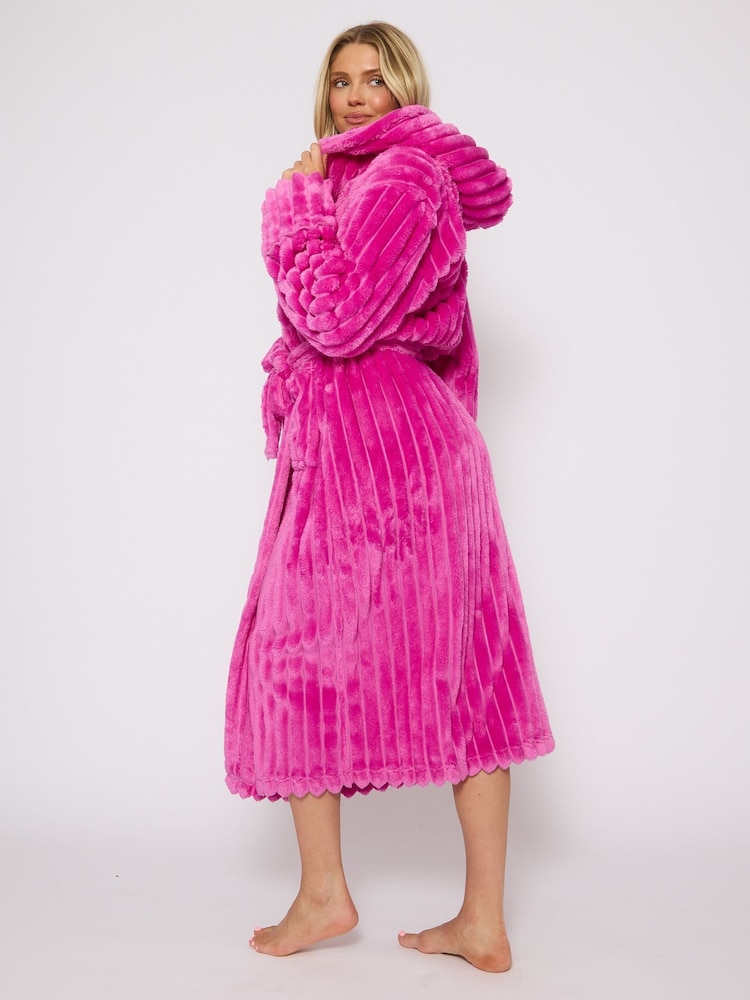 Loungeable Pink Plush Ridged Fleece Midi Hooded Dressing Gown - Image 2 of 6