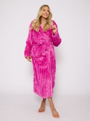 Loungeable Pink Plush Ridged Fleece Midi Hooded Dressing Gown - Image 3 of 6