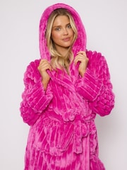 Loungeable Pink Plush Ridged Fleece Midi Hooded Dressing Gown - Image 4 of 6