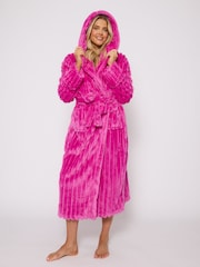 Loungeable Pink Plush Ridged Fleece Midi Hooded Dressing Gown - Image 6 of 6