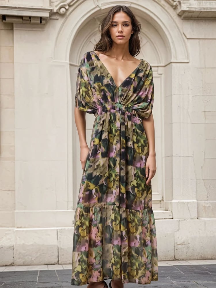 Religion Yellow Sunny Maxi Boho Dress With Tiered Skirt In Obscure Floral Print Dress - Image 1 of 6