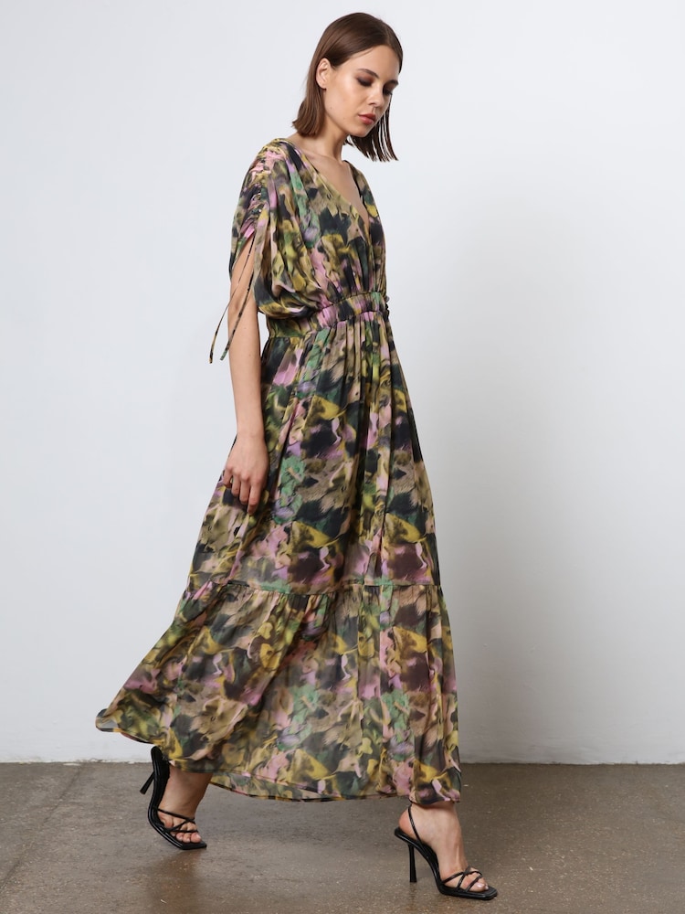Religion Yellow Sunny Maxi Boho Dress With Tiered Skirt In Obscure Floral Print Dress - Image 2 of 6