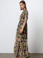 Religion Yellow Sunny Maxi Boho Dress With Tiered Skirt In Obscure Floral Print Dress - Image 5 of 6