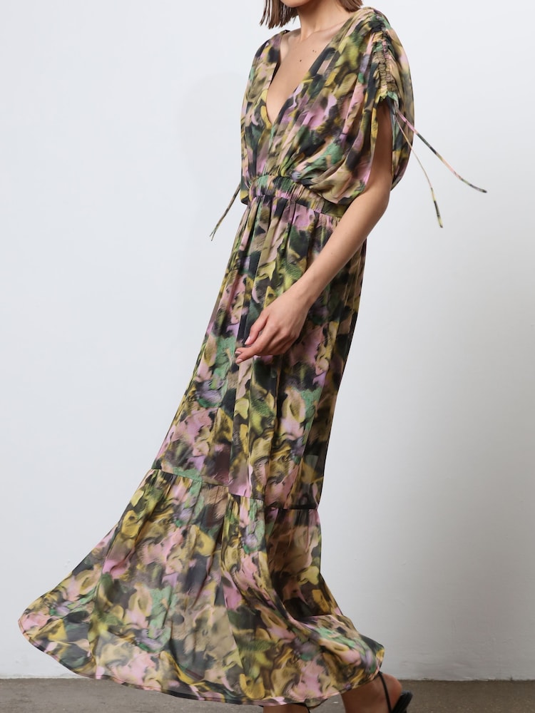 Religion Yellow Sunny Maxi Boho Dress With Tiered Skirt In Obscure Floral Print Dress - Image 6 of 6
