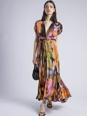 Religion Orange Crest Maxi Wrap Dress In Silky Fabric In Obscure Print - Image 8 of 9