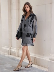 Religion Grey 100% Cotton Eternity Mini Dress With Neck Tie In Abstract Print - Image 1 of 6
