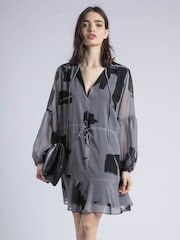 Religion Grey 100% Cotton Eternity Mini Dress With Neck Tie In Abstract Print - Image 2 of 6