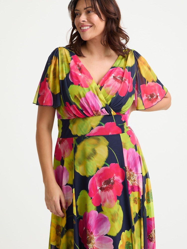 Scarlett & Jo Navy Blue/Pink Isabelle Navy Pink Chartreuse Angel Sleeve Maxi Dress - Image 2 of 4