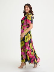 Scarlett & Jo Navy Blue/Pink Isabelle Navy Pink Chartreuse Angel Sleeve Maxi Dress - Image 3 of 4