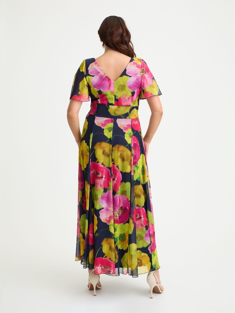 Scarlett & Jo Navy Blue/Pink Isabelle Navy Pink Chartreuse Angel Sleeve Maxi Dress - Image 4 of 4
