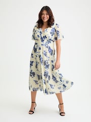 Scarlett & Jo Cream Blue Victoria Angel Sleeve Mesh Long Midi Dress - Image 1 of 4