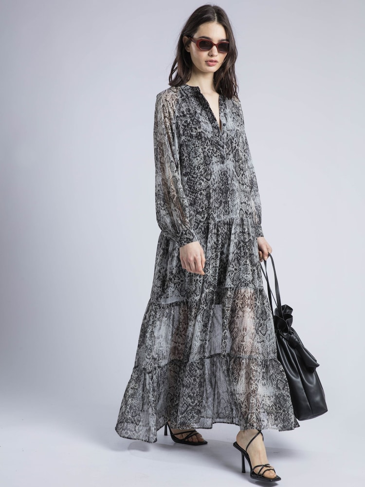 Religion Cala Tiered Boho 100% Cotton Maxi Dress In Snake Skin Print - Image 2 of 6