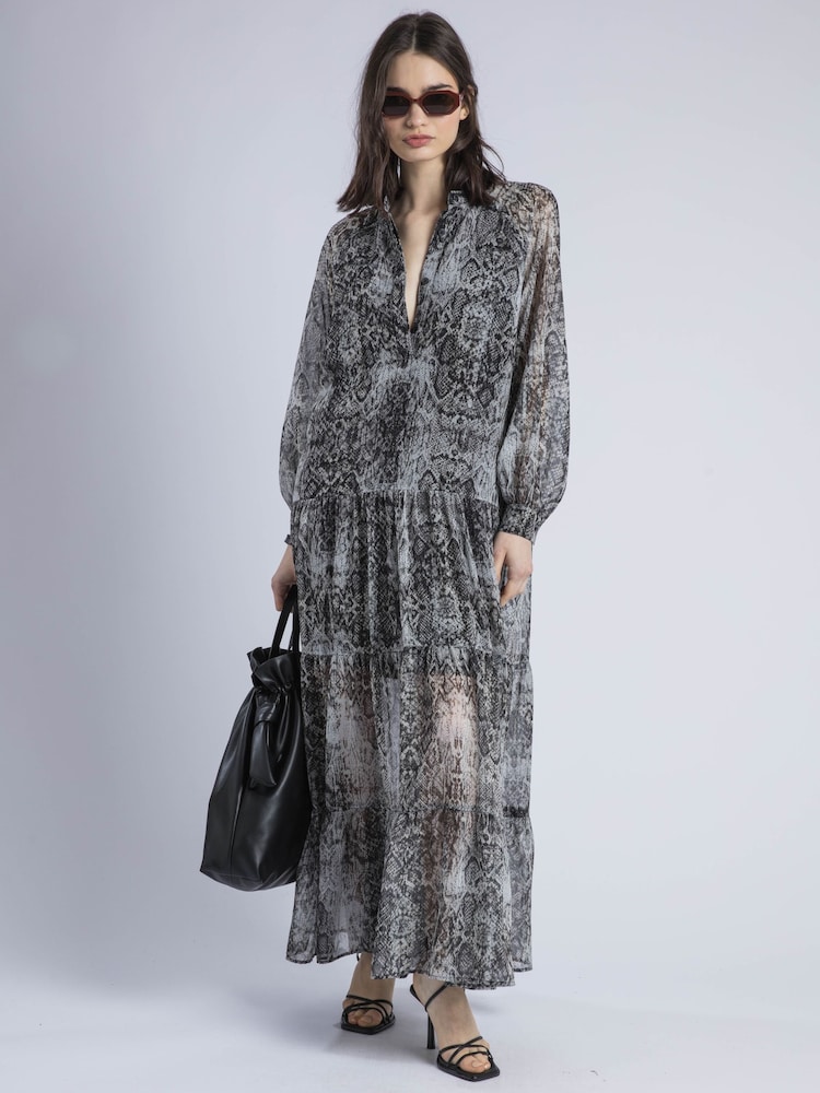 Religion Cala Tiered Boho 100% Cotton Maxi Dress In Snake Skin Print - Image 6 of 6