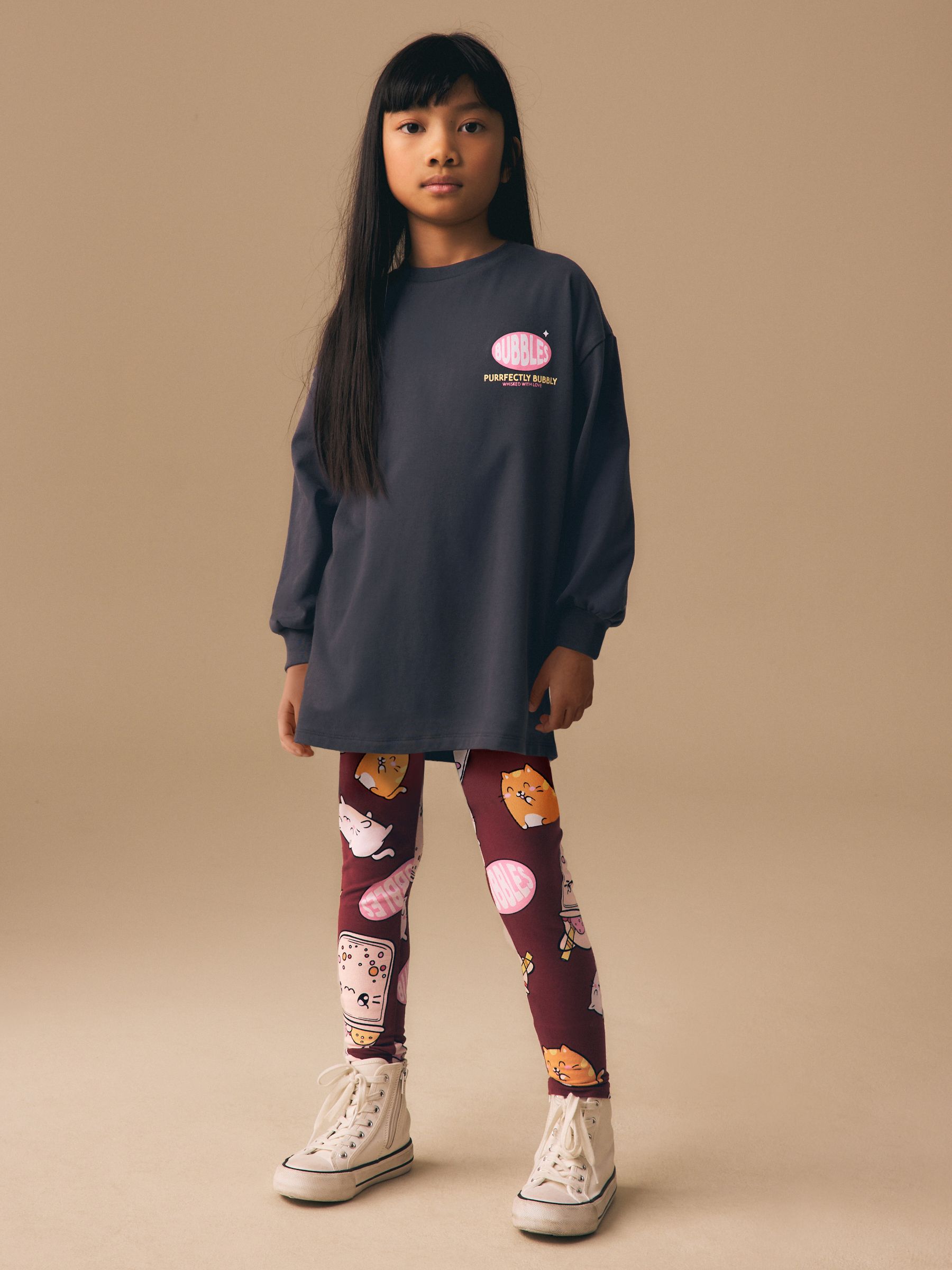 Buy Charcoal Grey Bubble Tea Graphic Print Top and Leggings Set (3