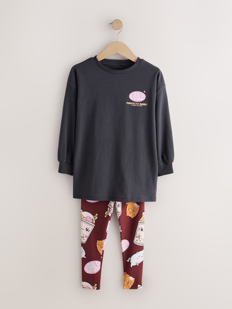 Charcoal Grey Bubble Tea Graphic Print Top and Leggings Set (3-16yrs) - Image 1 of 5 Charcoal Grey Bubble Tea Graphic Print Top and Leggings Set (3-16yrs) - Image 1 of 5
