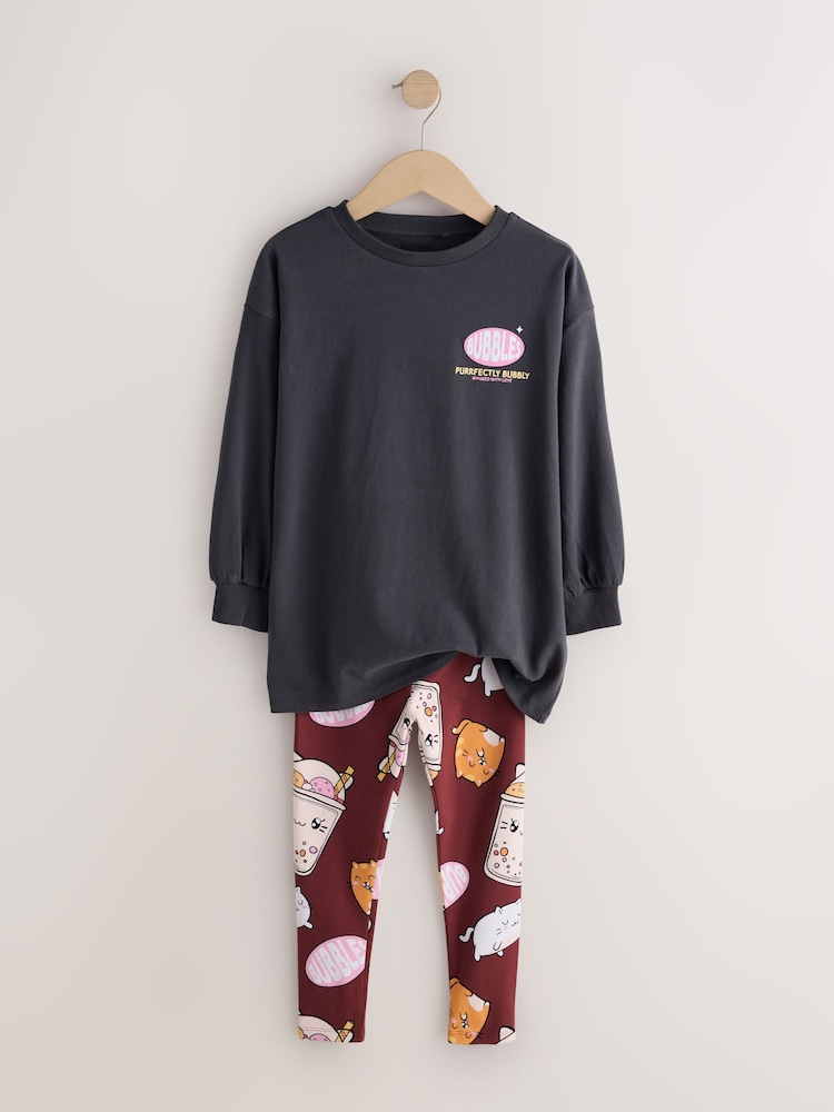 Charcoal Grey Bubble Tea Graphic Print Top and Leggings Set (3-16yrs) - Image 2 of 5 Charcoal Grey Bubble Tea Graphic Print Top and Leggings Set (3-16yrs) - Image 2 of 5