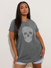 Yours Curve Grey Skull Diamante T-Shirt - Image 1 of 6