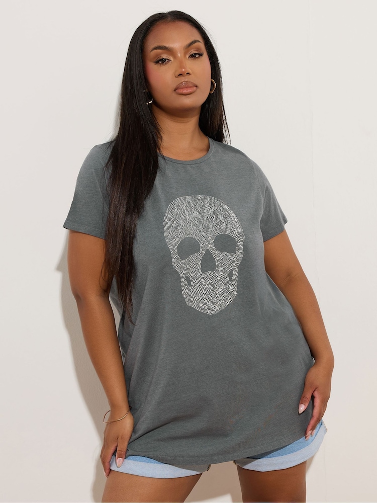 Yours Curve Grey Skull Diamante T-Shirt - Image 1 of 6