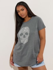 Yours Curve Grey Skull Diamante T-Shirt - Image 3 of 6