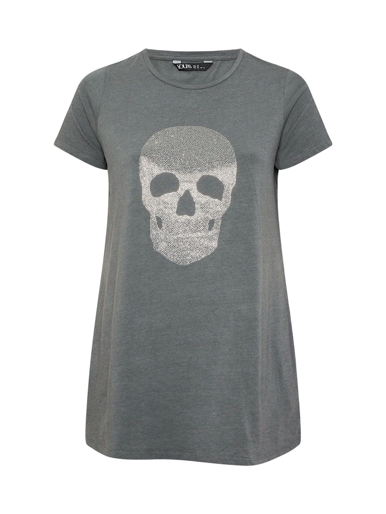 Yours Curve Grey Skull Diamante T-Shirt - Image 6 of 6