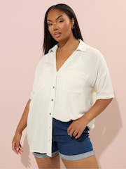 Yours Curve White Buttermilk Chambray Short Sleeve Shirt - Image 1 of 6