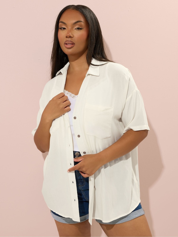 Yours Curve White Buttermilk Chambray Short Sleeve Shirt - Image 2 of 6