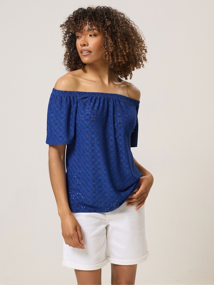 M&Co Blue Broderie Bardot Top - Image 1 of 5 M&Co Blue Broderie Bardot Top - Image 1 of 5