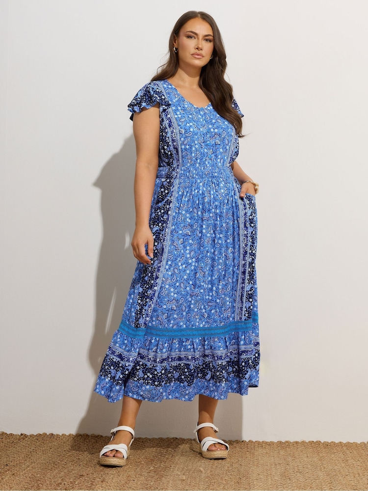 Yours Curve Blue Boho Border Maxi Frilled Dress - Image 1 of 5