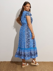 Yours Curve Blue Boho Border Maxi Frilled Dress - Image 2 of 5