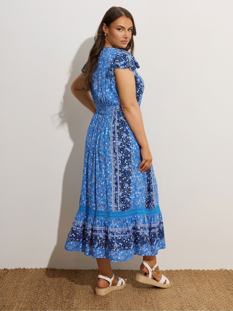 Yours Curve Blue Boho Border Maxi Frilled Dress - Image 2 of 5