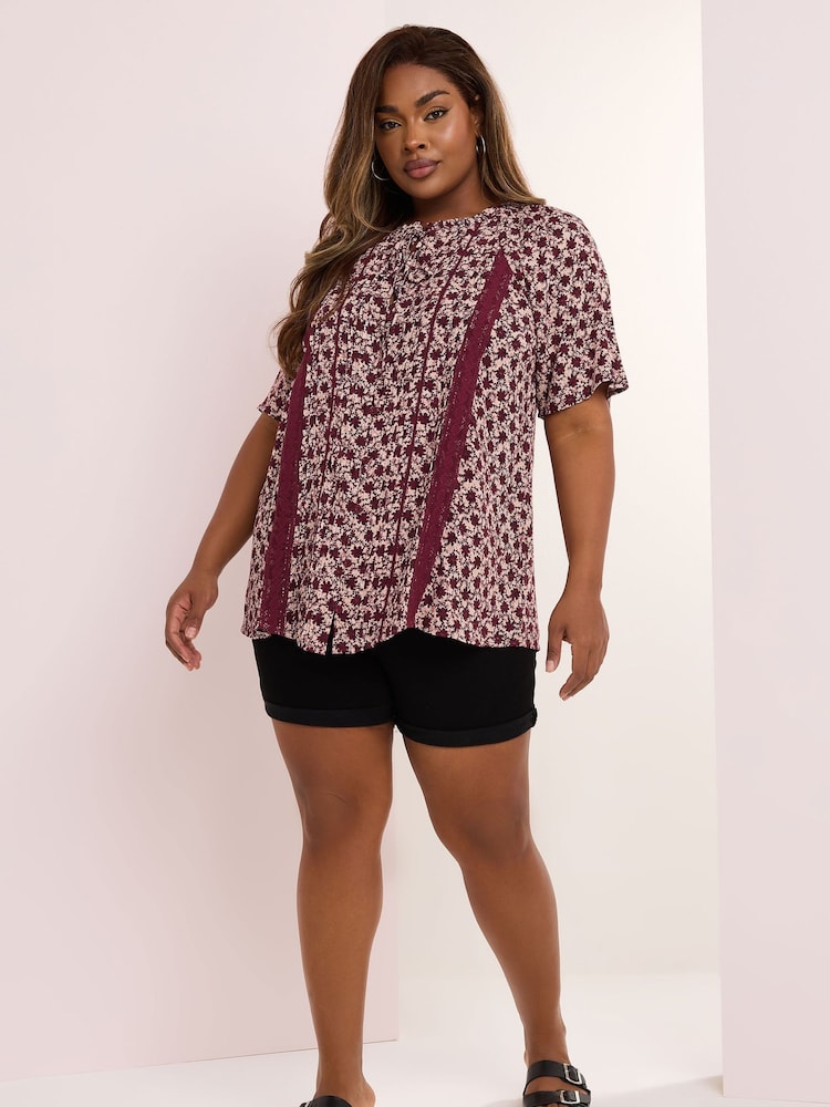 Yours Curve Pink Short Sleeve Boho Pintuck Blouse - Image 2 of 5 Yours Curve Pink Short Sleeve Boho Pintuck Blouse - Image 2 of 5