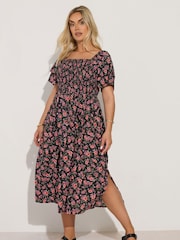 Yours Curve Black Shirred Square Neck Frilled Dress - Image 3 of 5