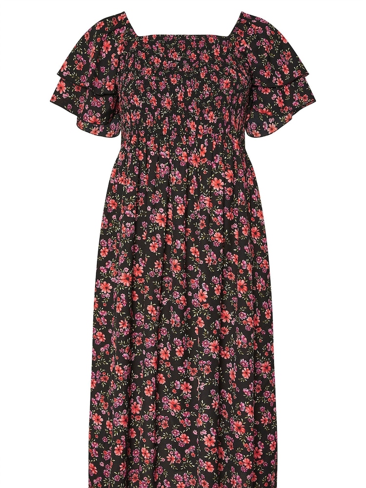 Yours Curve Black Shirred Square Neck Frilled Dress - Image 5 of 5