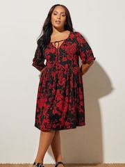 Yours Curve Red Floral Print Tie Neck Dress - Image 1 of 5