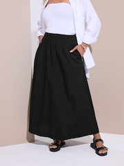 Yours Curve Black Shirred Waist Poplin 100% Cotton Skirt - Image 1 of 5