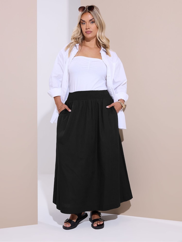 Yours Curve Black Shirred Waist Poplin 100% Cotton Skirt - Image 2 of 5