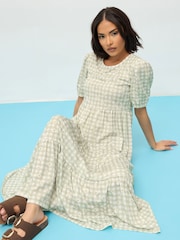 PixieGirl Petite Natural Gingham Tiered Dress - Image 3 of 6