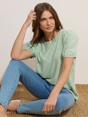 M&Co Green Broderie Puff Sleeve Top - Image 1 of 5