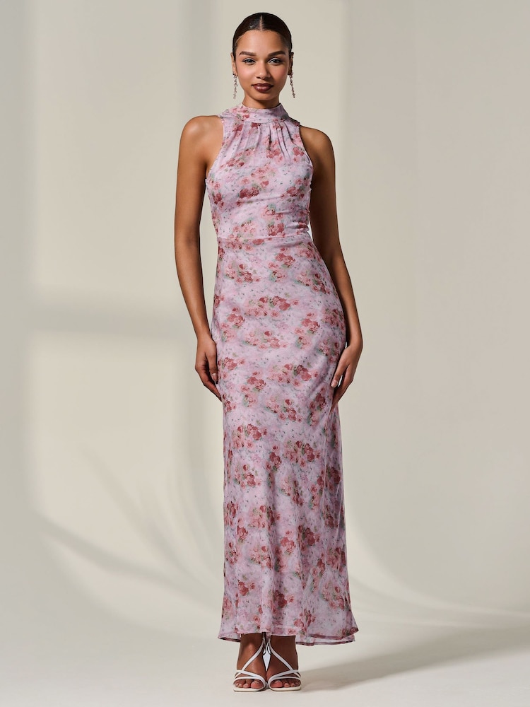 Jolie Moi Pink Chiffon Halter Neck Maxi Dress - Image 1 of 6