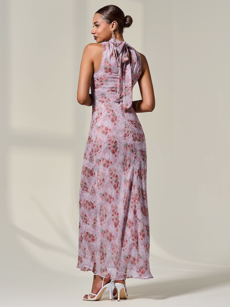Jolie Moi Pink Chiffon Halter Neck Maxi Dress - Image 2 of 6