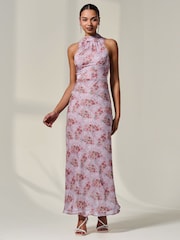 Jolie Moi Pink Chiffon Halter Neck Maxi Dress - Image 6 of 6