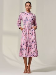 Jolie Moi Pink Pleated Button Up Midi Dress - Image 1 of 6