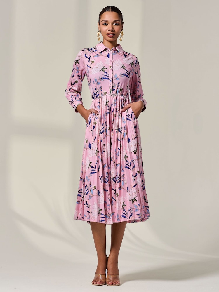 Jolie Moi Pink Pleated Button Up Midi Dress - Image 1 of 6