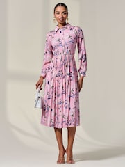 Jolie Moi Pink Pleated Button Up Midi Dress - Image 5 of 6