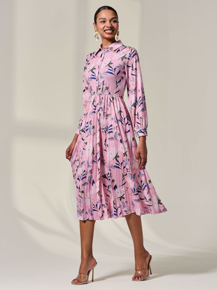 Jolie Moi Pink Pleated Button Up Midi Dress - Image 6 of 6