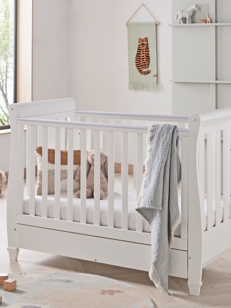 Babymore White Eva Sleigh Cot Bed Dropside with Drawer - Image 1 of 5